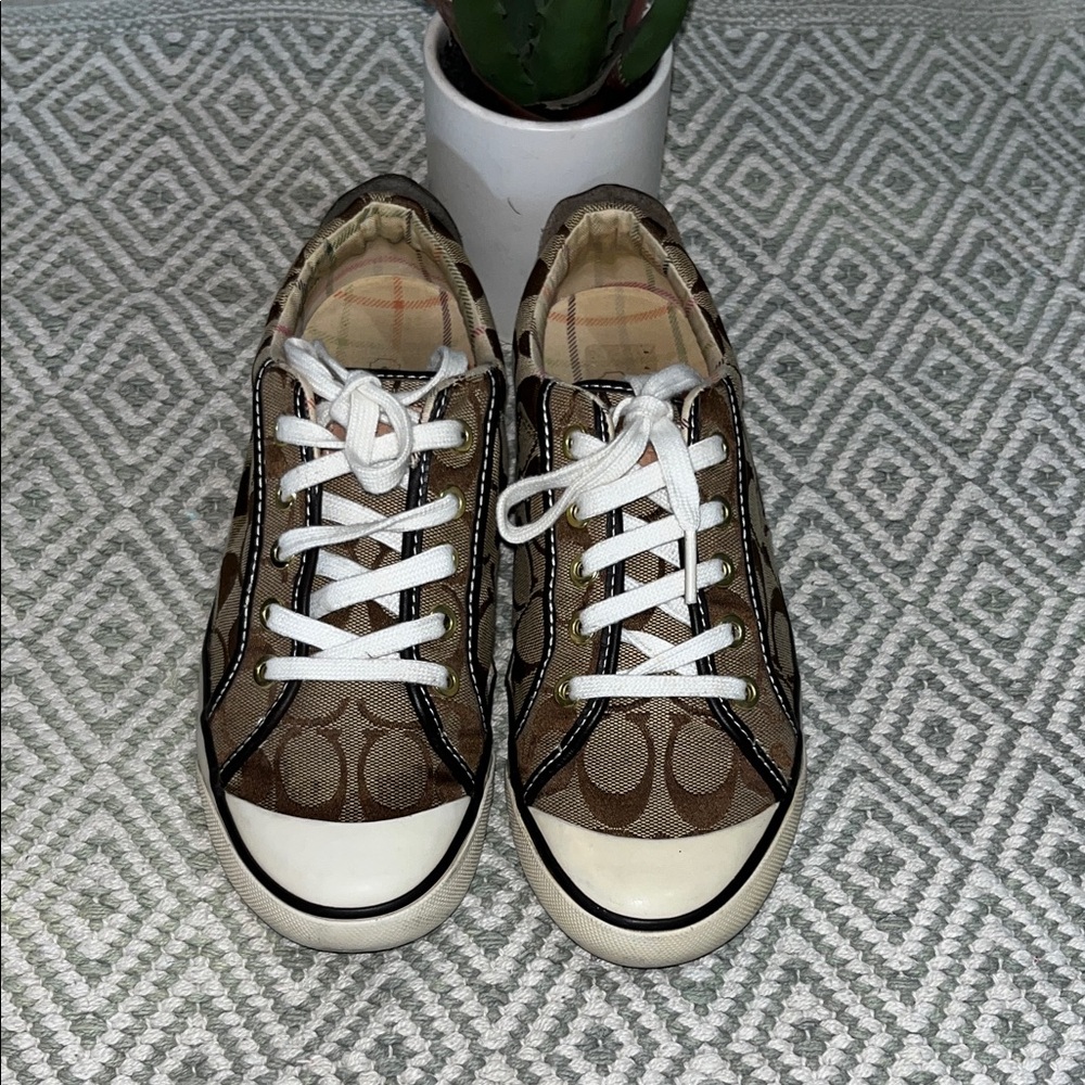 Coach Brown Signature Canvas Low-Top Sneakers with White Accents